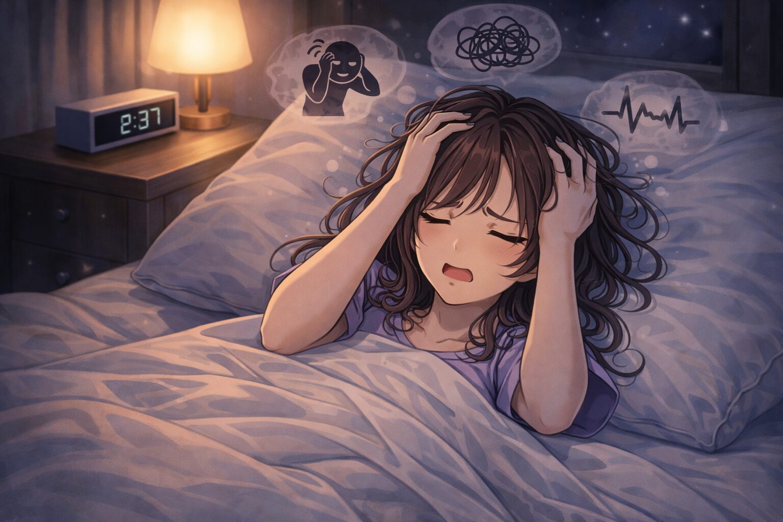 ストレスや不安で眠れず頭を抱えている女性のイラスト