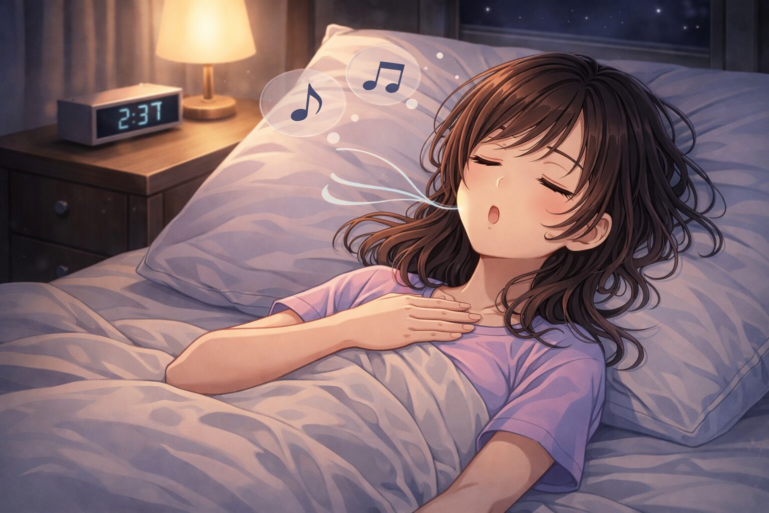 深呼吸をしてリラックスし眠りやすい状態を作っている女性のイラスト