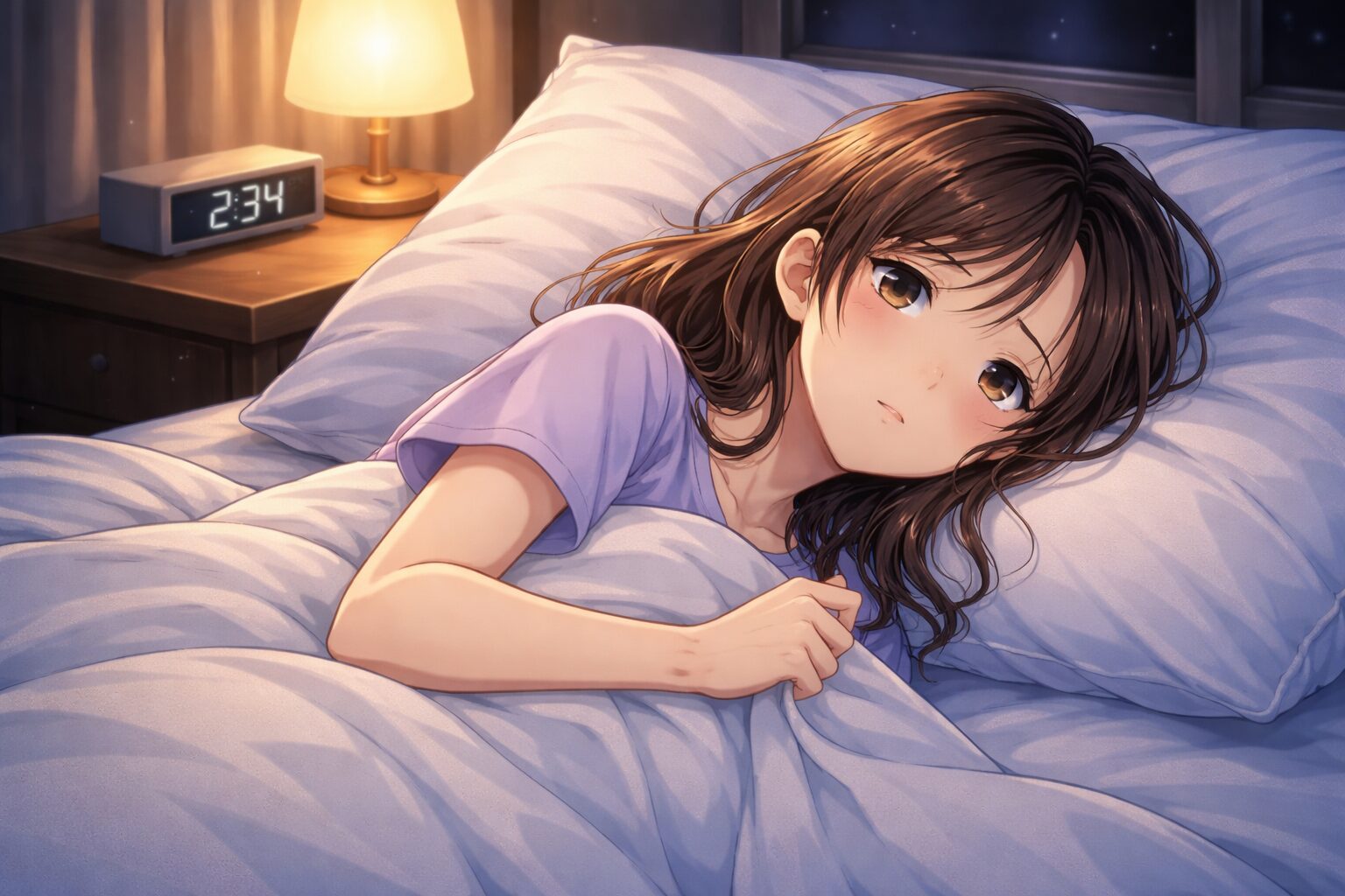 夜布団に入っても眠れず不安そうな女性のイラスト