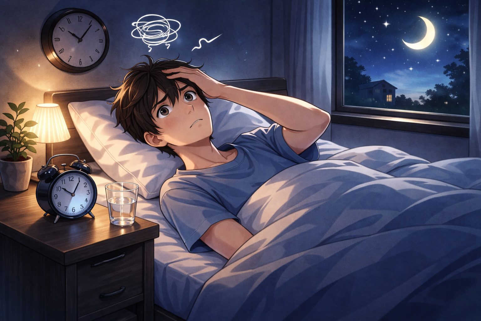 眠れない夜の原因 ストレスや考えすぎで眠れない様子