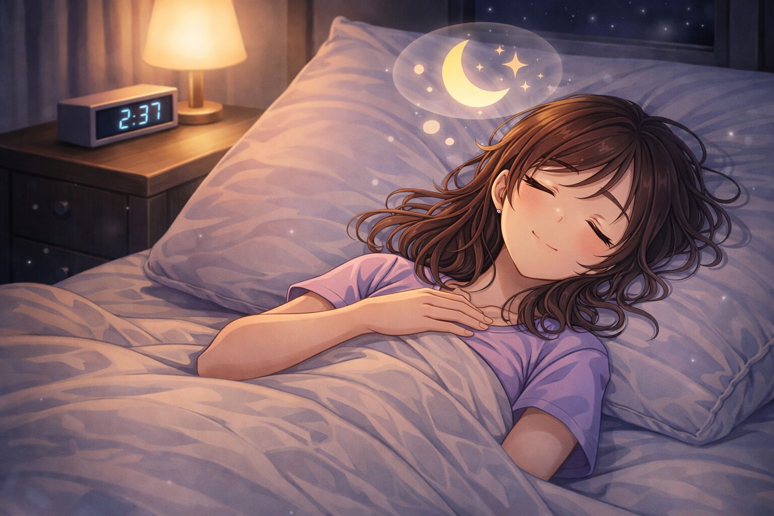 安心した表情でリラックスして眠りについている女性のイラスト