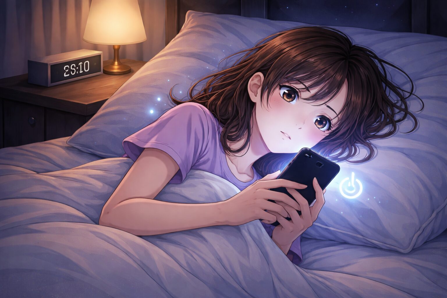 寝る前にスマホを見てブルーライトで眠れなくなっている女性のイラスト