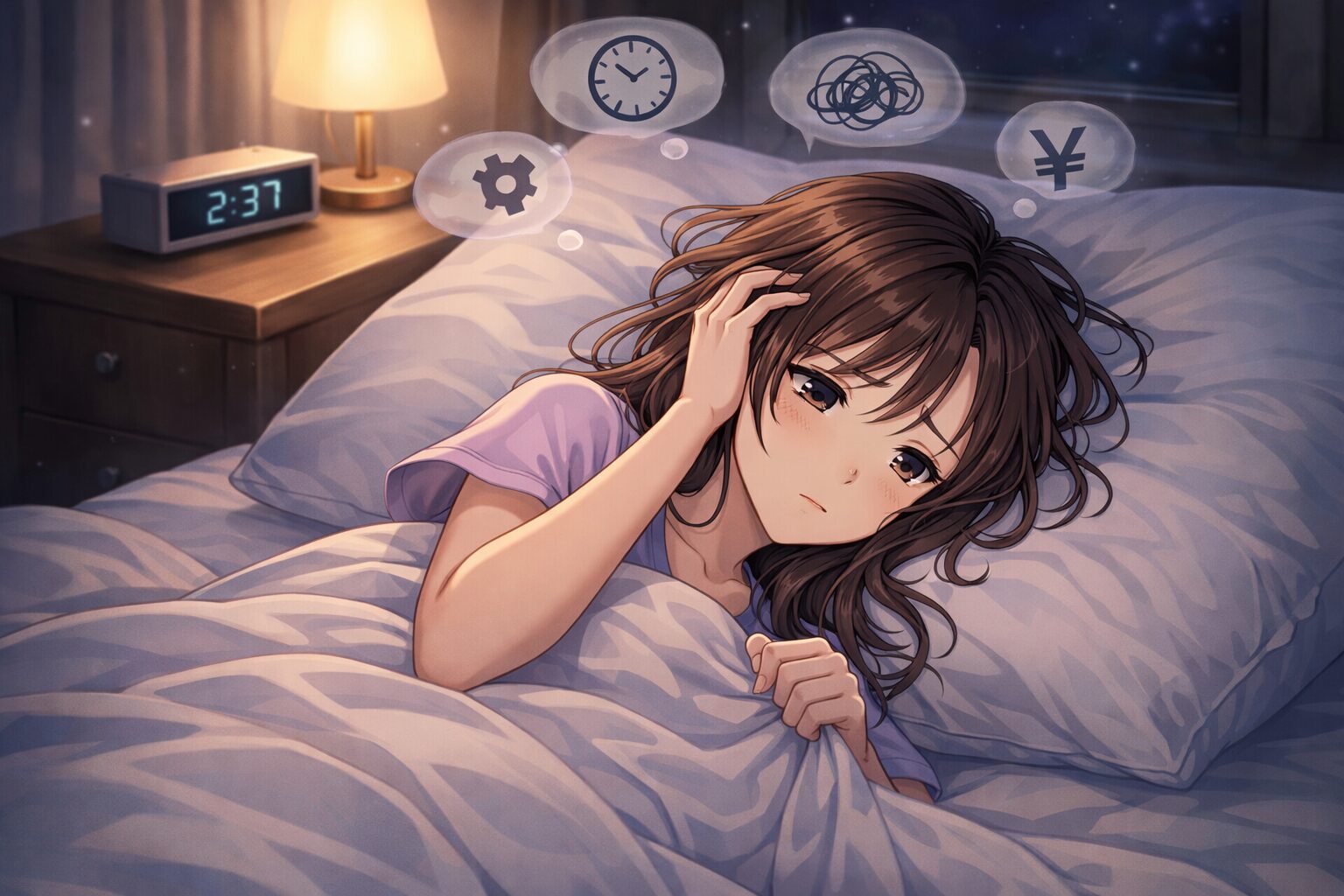 ストレスや考えごとで眠れず悩んでいる女性のイラスト