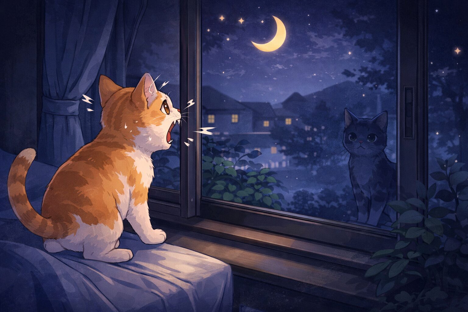 猫が夜に外の猫を見て鳴く原因を表したイラスト