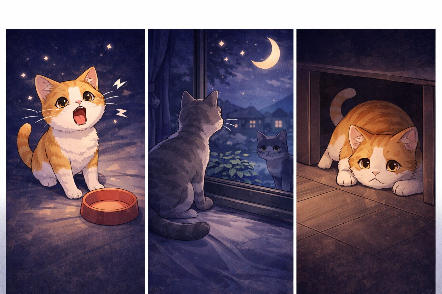 猫の夜鳴きタイプ(空腹・外刺激・不安)の違いを表したイラスト