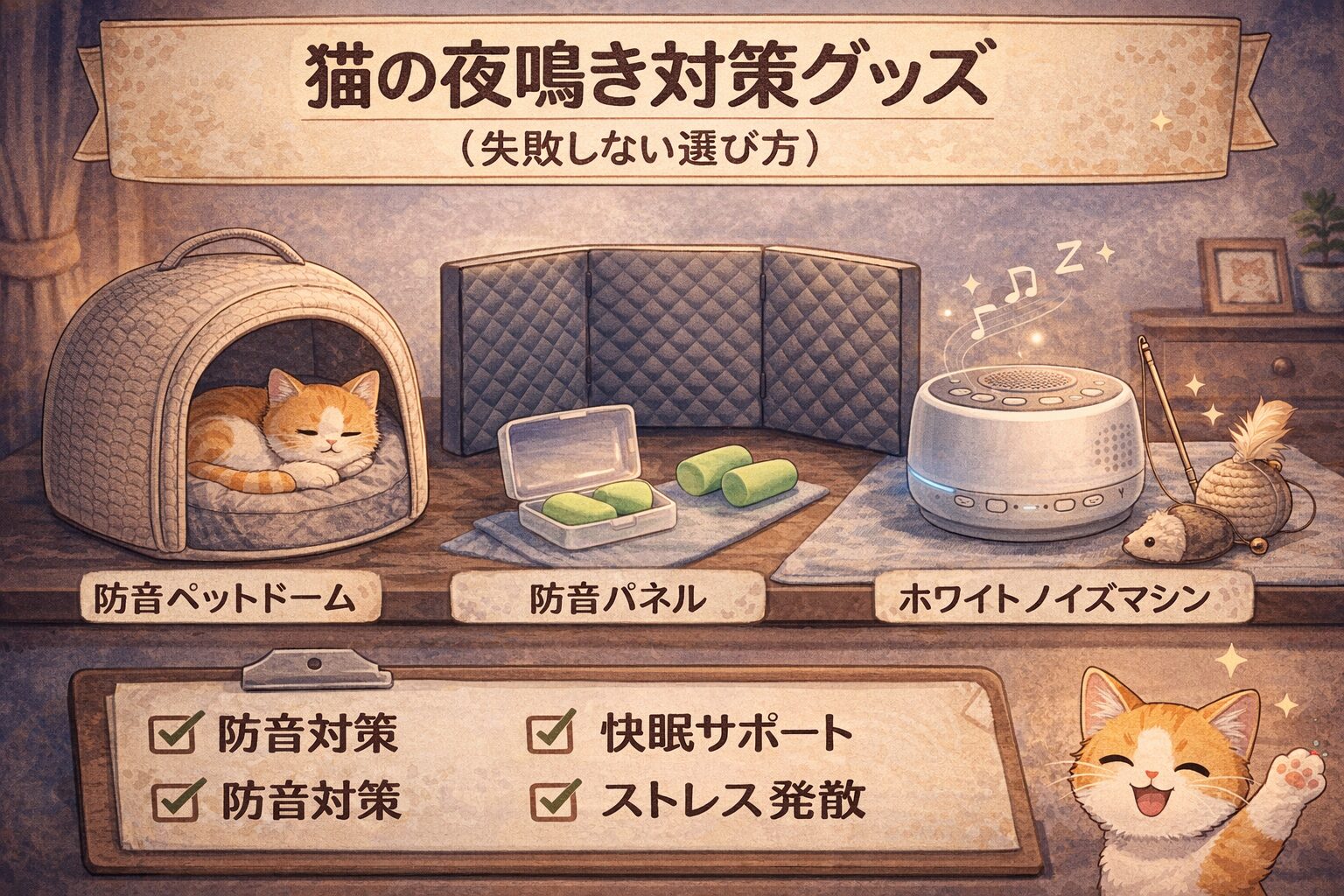 猫の夜鳴き対策グッズ(防音・耳栓・ホワイトノイズ・おもちゃ)の比較イラスト