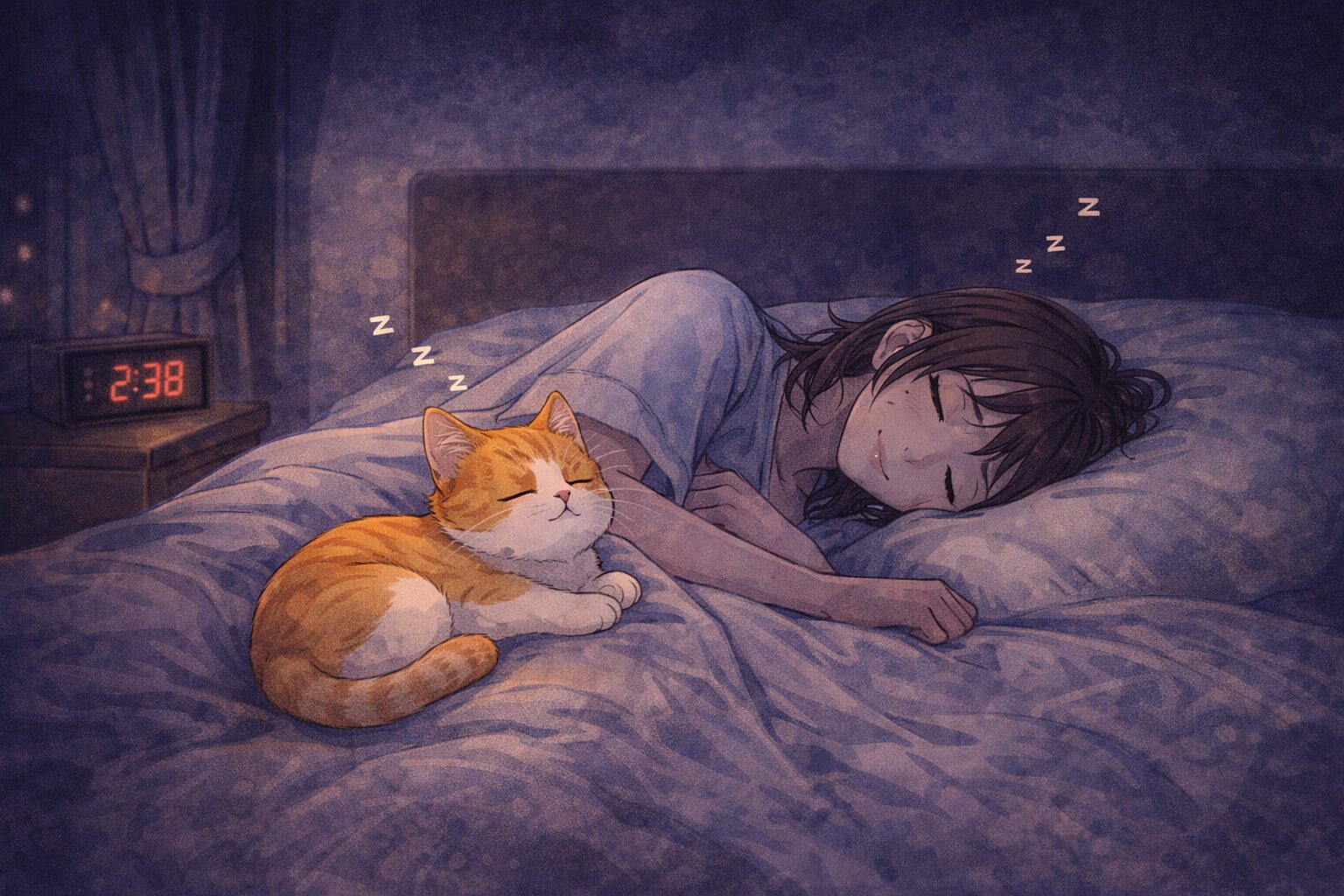 猫の夜鳴きが改善して安心して眠れるようになった女性と猫のイラスト