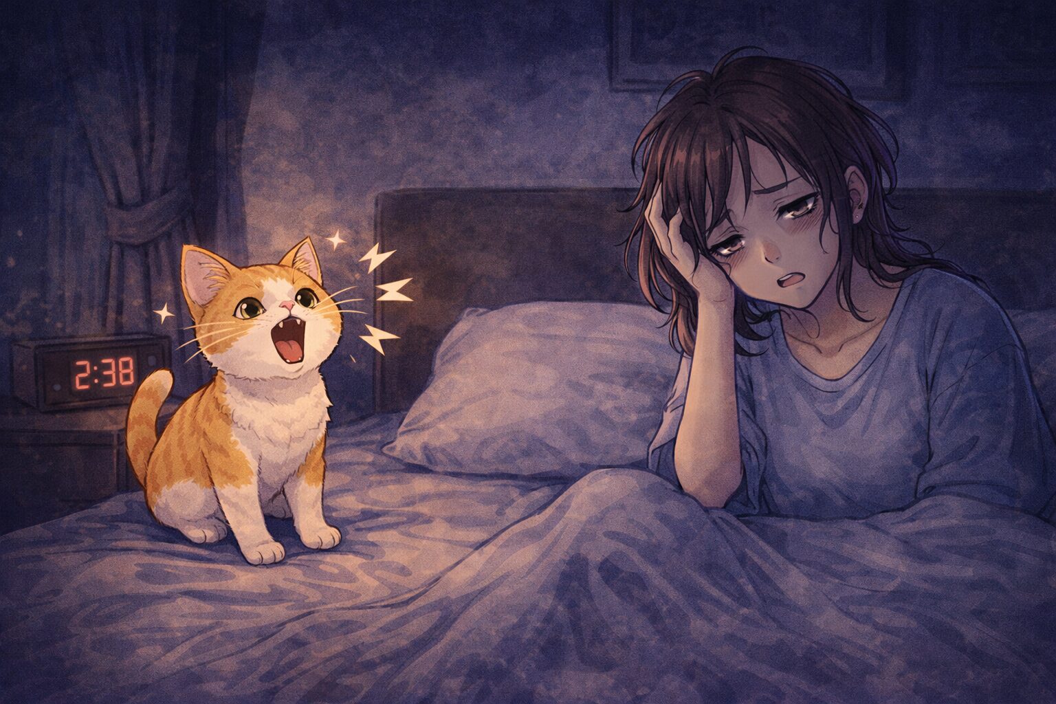 猫の夜鳴きで何度も起こされて寝不足になっている女性のイラスト