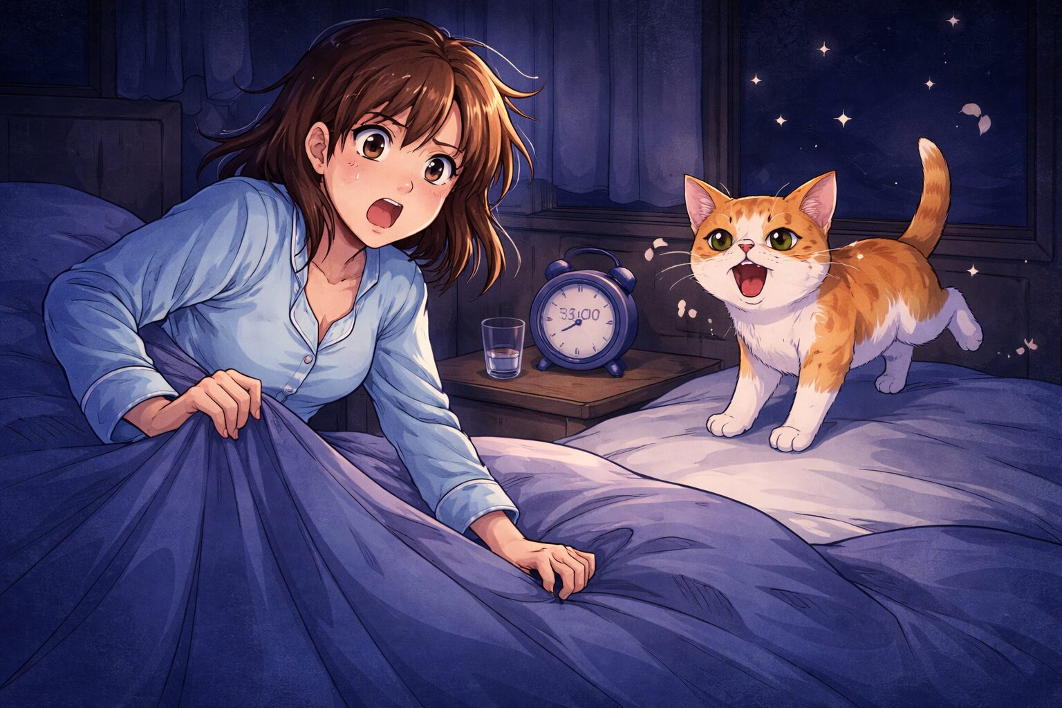 猫がうるさくて寝れない夜に今すぐ対処しようとする女性のイラスト