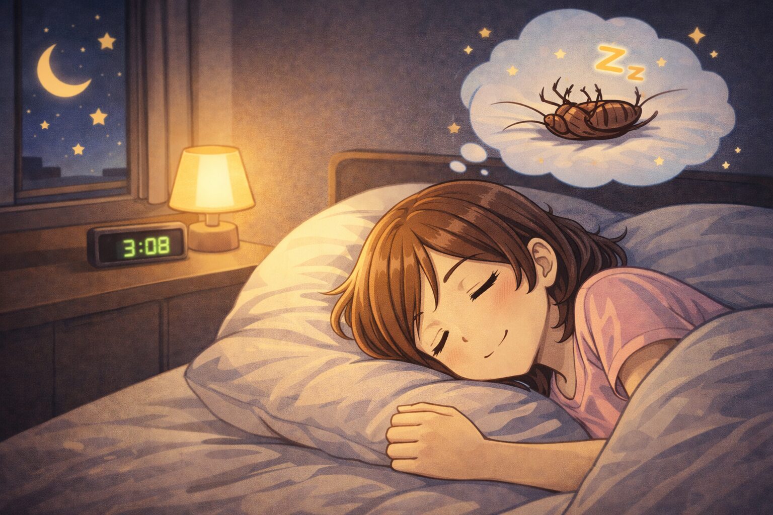 ゴキブリの不安がなくなり安心して眠っている女性のイラスト