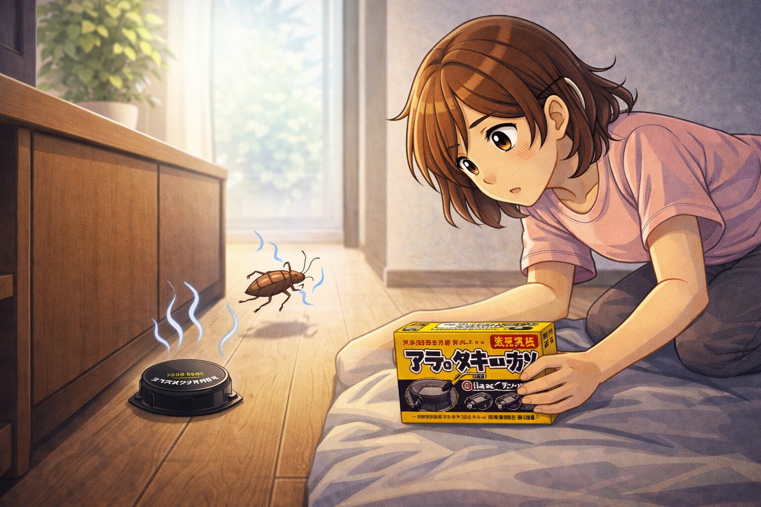 ゴキブリ対策として置き型ブラックキャップを設置している様子のイラスト