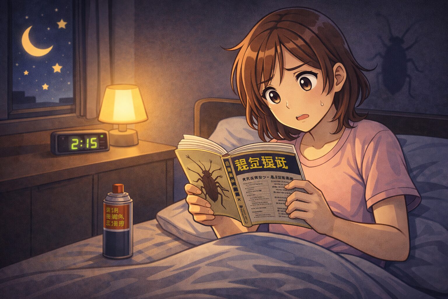 ゴキブリが気になって不安で眠れない女性のイラスト