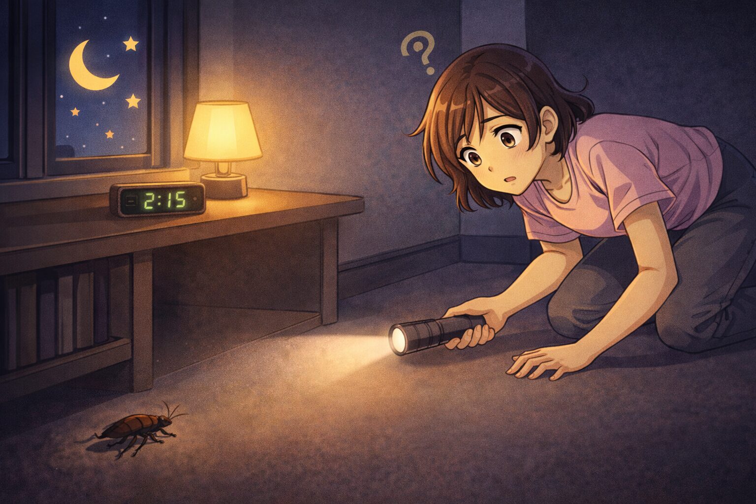 深夜にゴキブリを見失い懐中電灯で探している女性のイラスト
