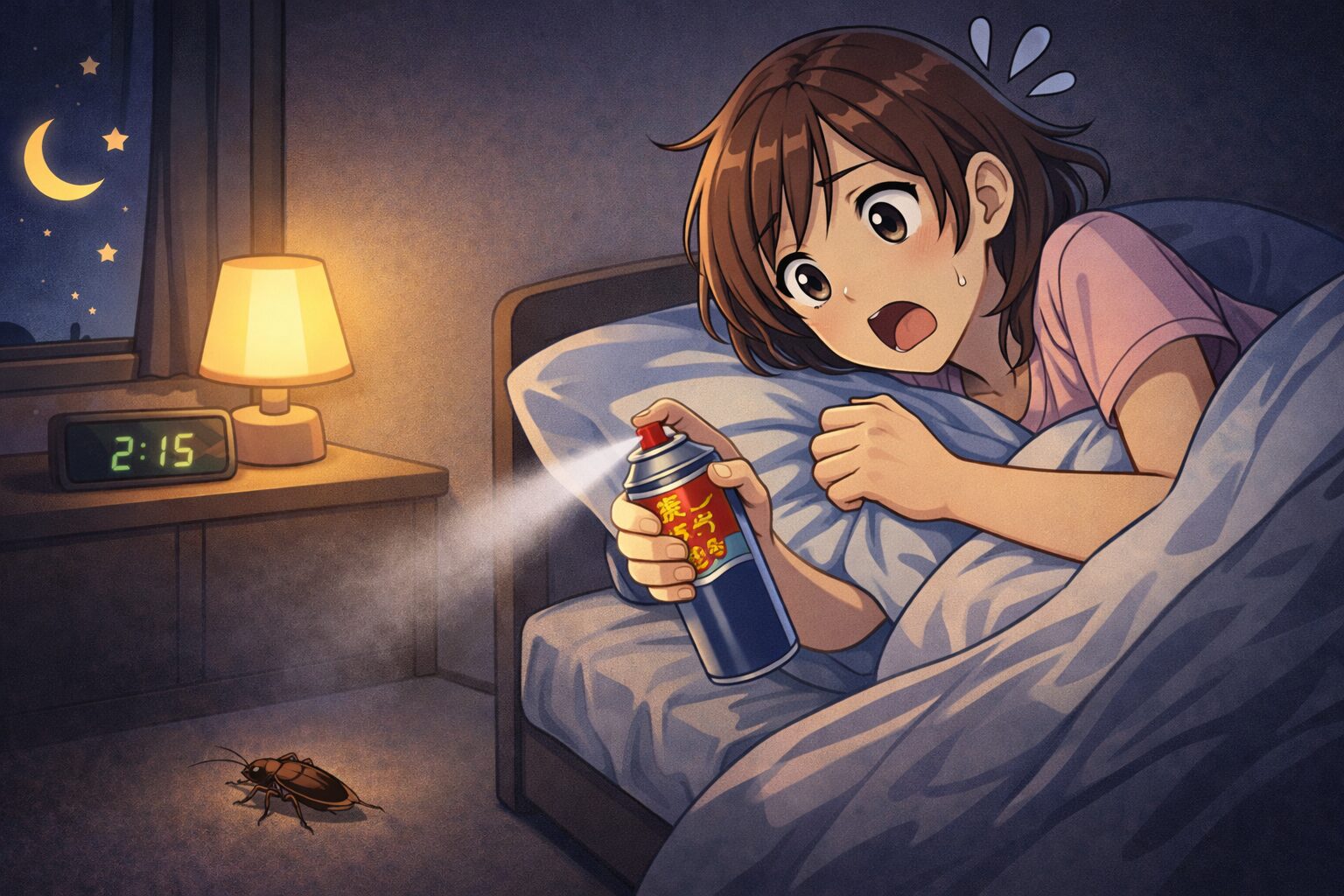 ゴキブリにスプレーで対処しようとする女性のイラスト