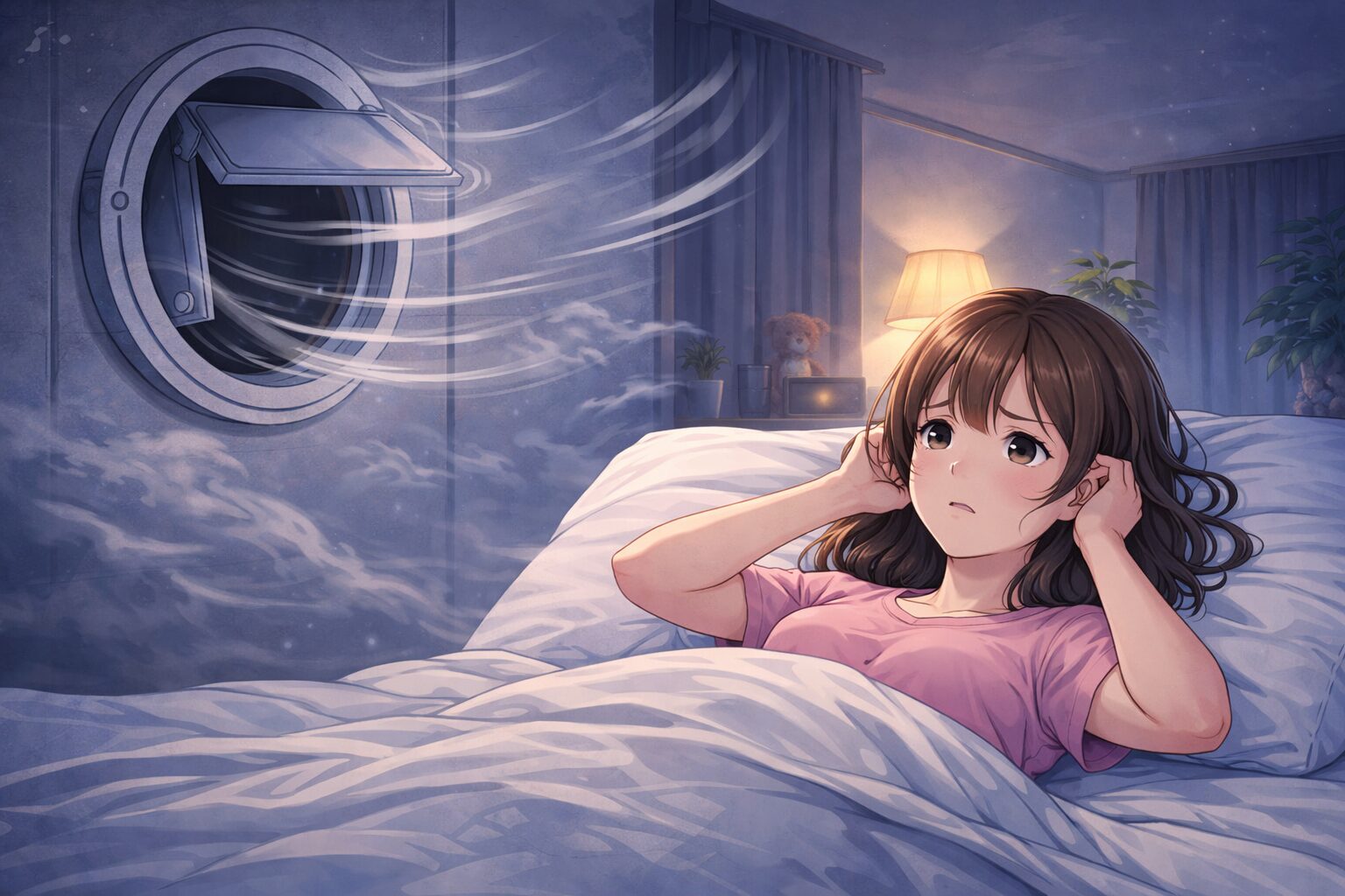 換気扇の外風による逆流で音が発生しているイメージ