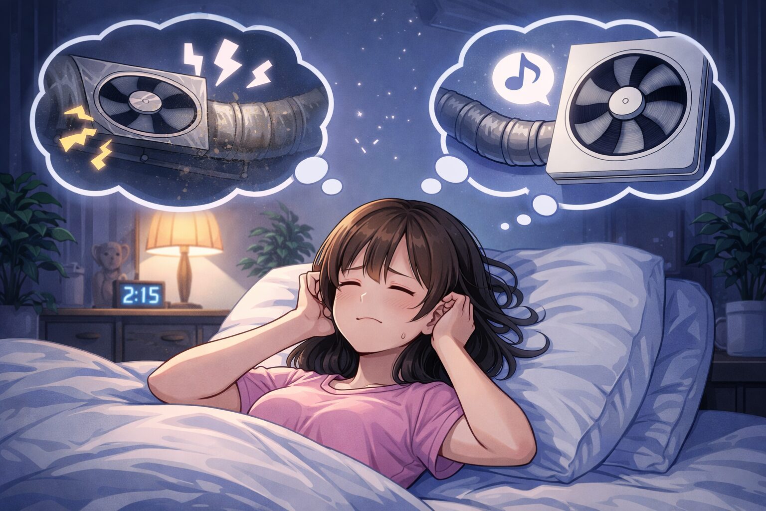 換気扇の音の原因を考えて眠れない様子