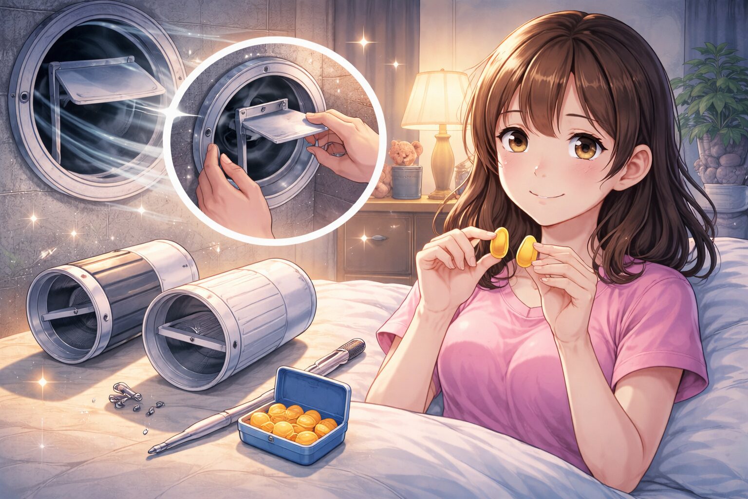 換気扇の音対策として逆止弁や耳栓を使うイメージ