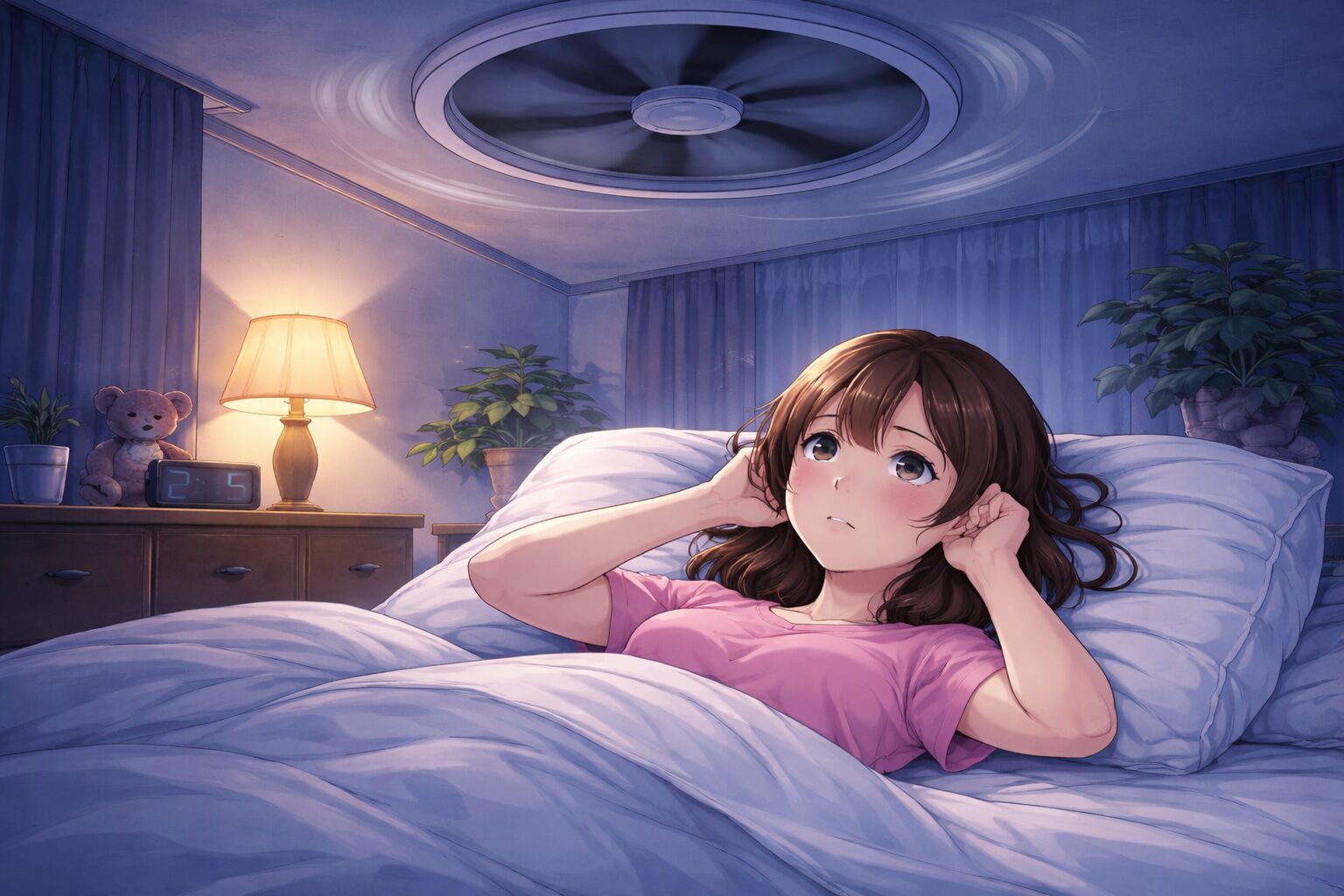 換気扇の音が気になって眠れない女性の様子