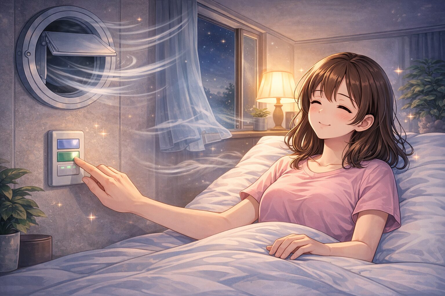 換気扇の音を弱運転や換気調整で対処している様子