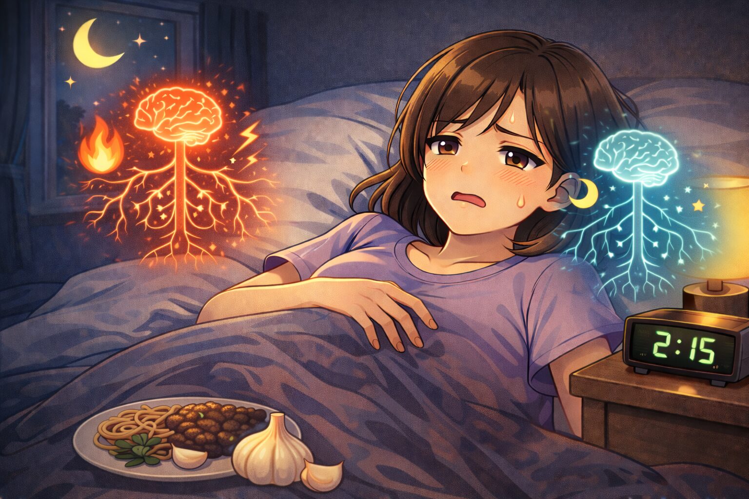 夜にリラックスと覚醒が切り替わる状態のイメージ(赤は活動・青はリラックス)