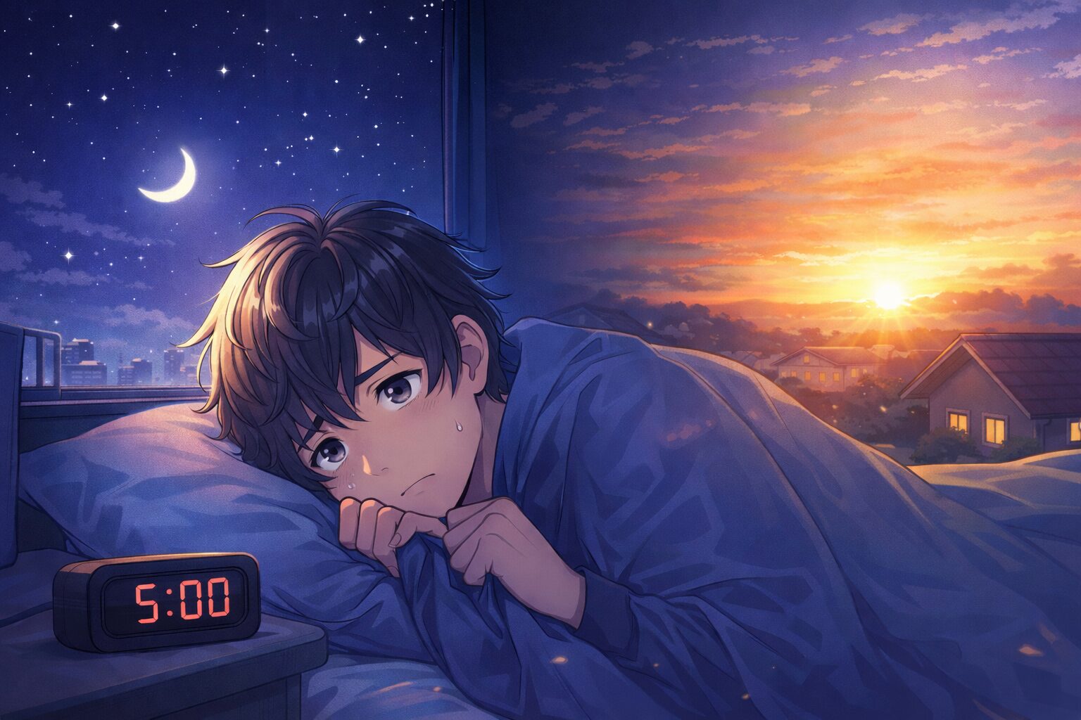 眠れないまま朝になって不安な男性のイメージ