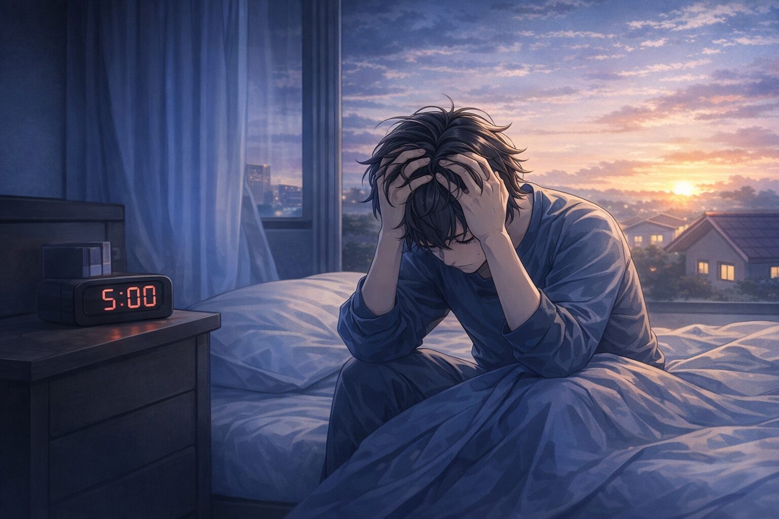 眠れないまま朝になって落ち込んでいる男性のイメージ