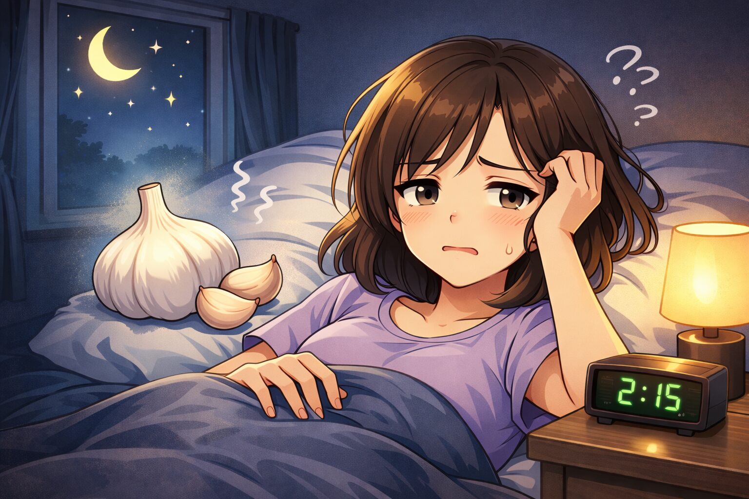 にんにくを食べた夜に眠れない女性のイメージ（不眠・夜・原因）