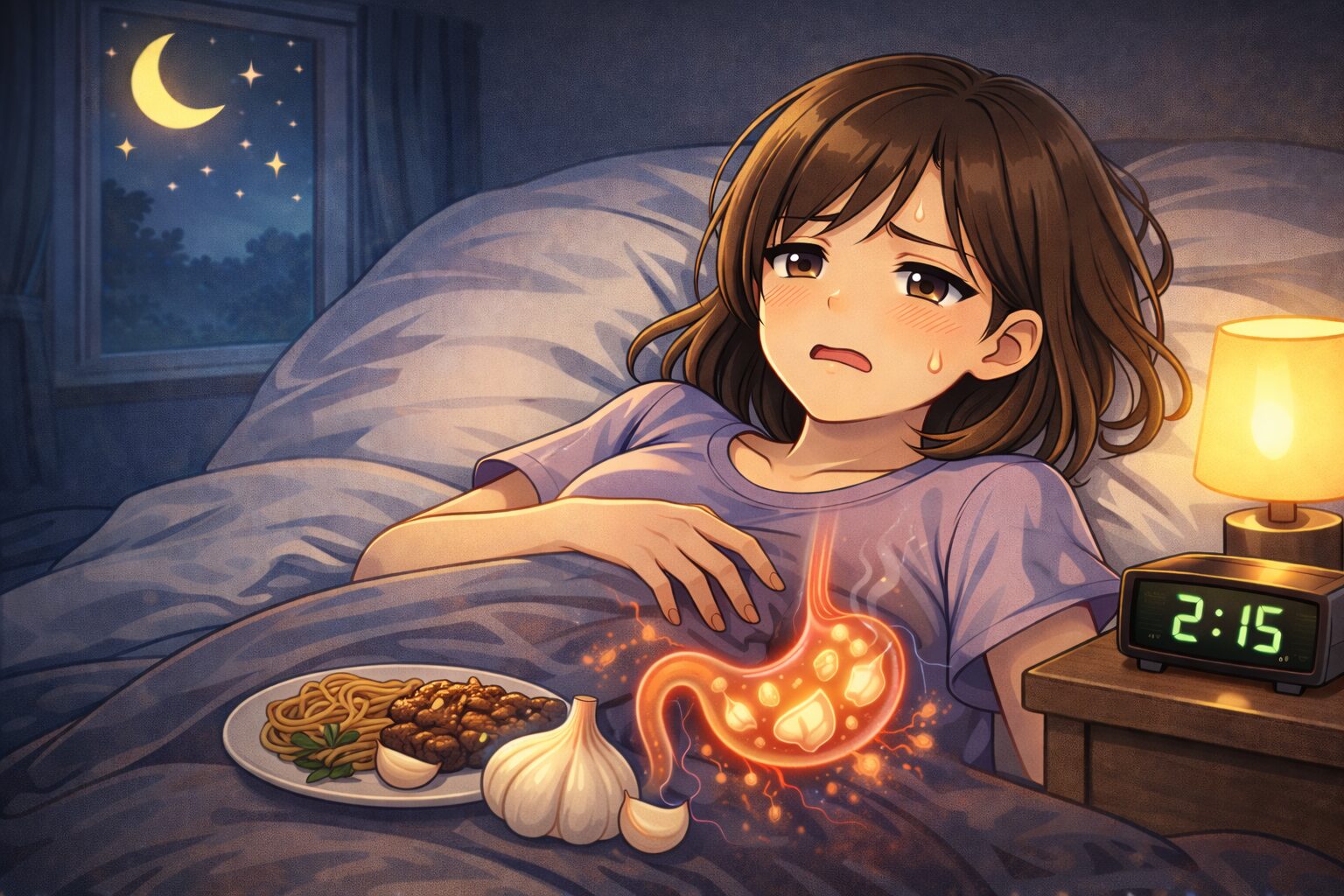 夜に脂っこいにんにく料理を食べるイメージ