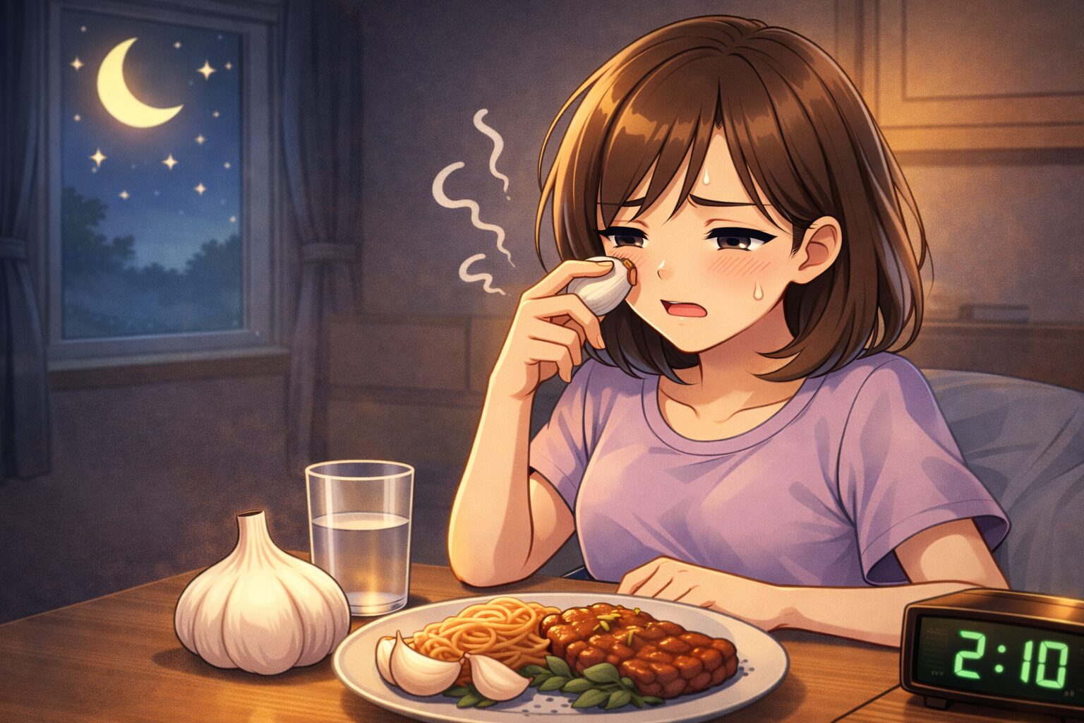 夜ににんにく料理を食べているイメージ