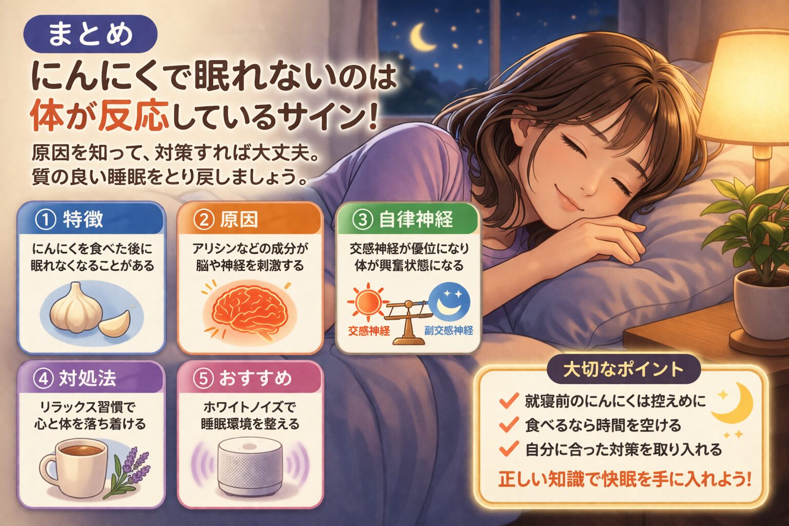 にんにくで眠れない原因と対処をまとめたイメージ(睡眠改善・生活習慣)