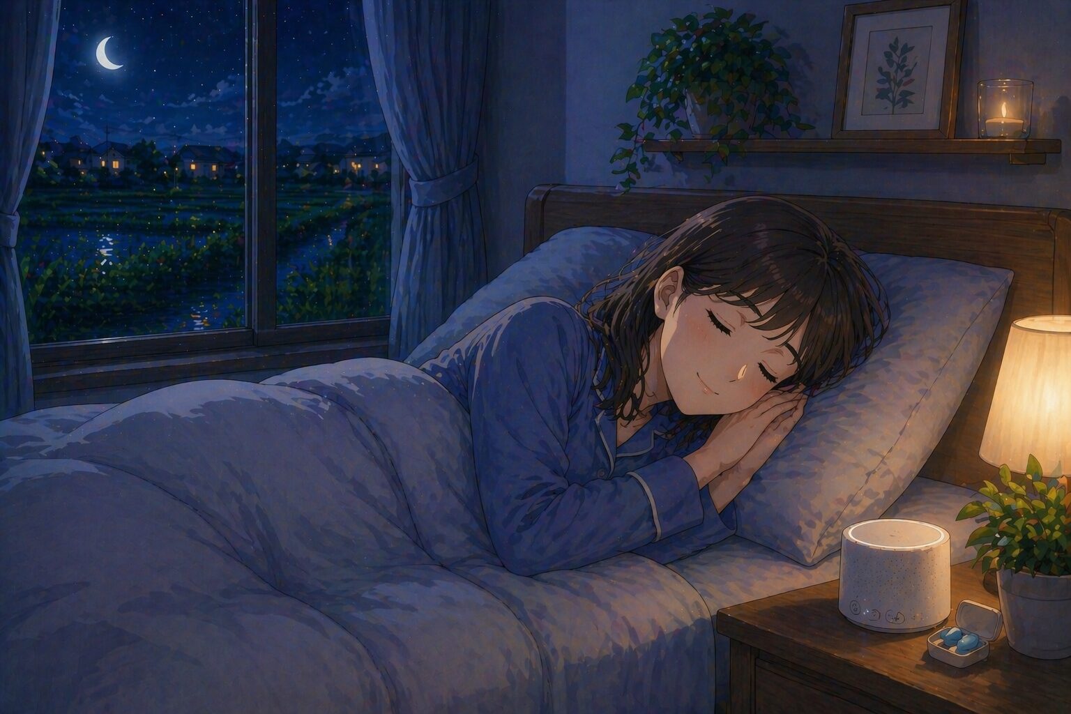 カエルの鳴き声対策で静かな寝室で眠れているイメージ画像