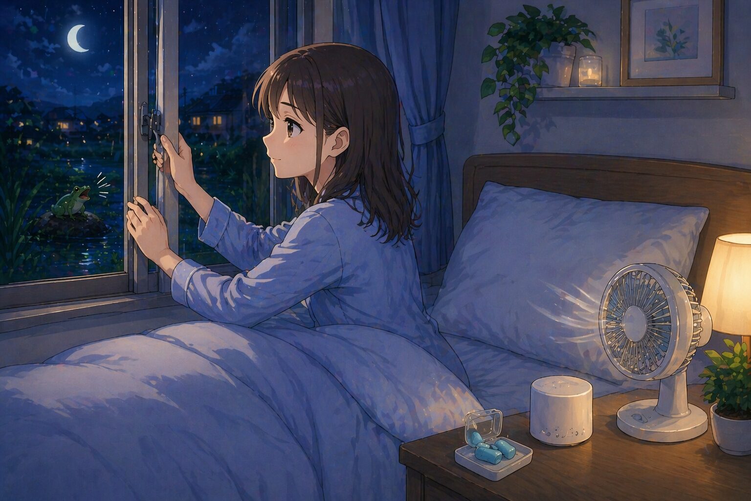 カエルの鳴き声対策として窓を閉めて寝室環境を整えるイメージ画像