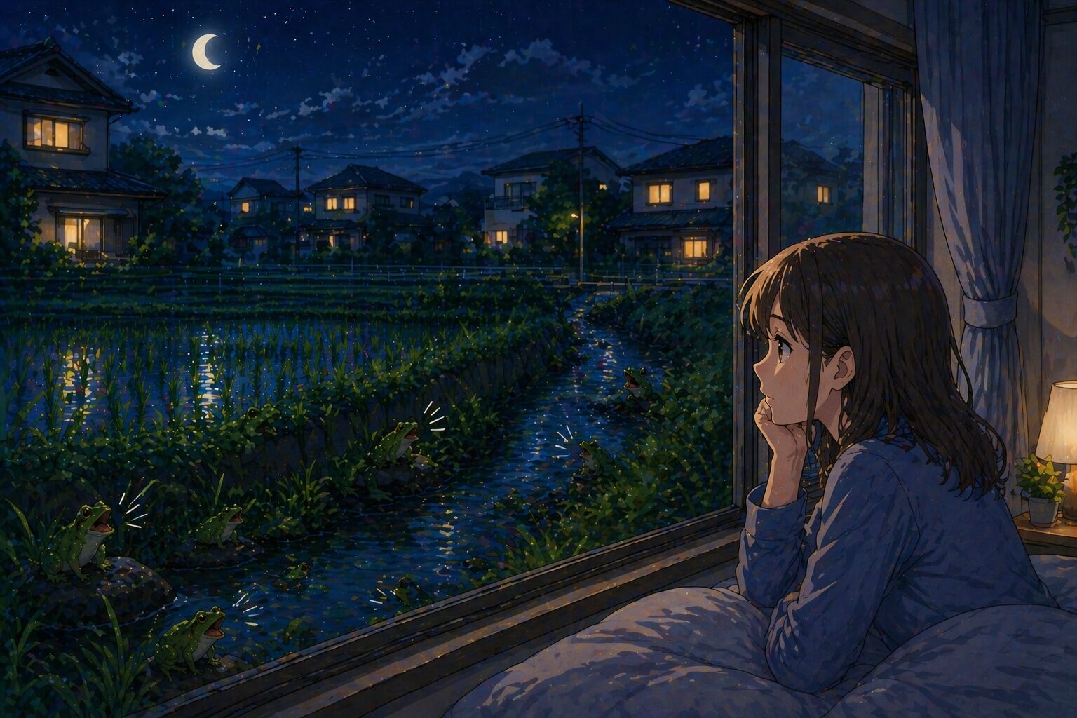 田んぼや用水路近くの住宅で夜にカエルの声が気になるイメージ画像