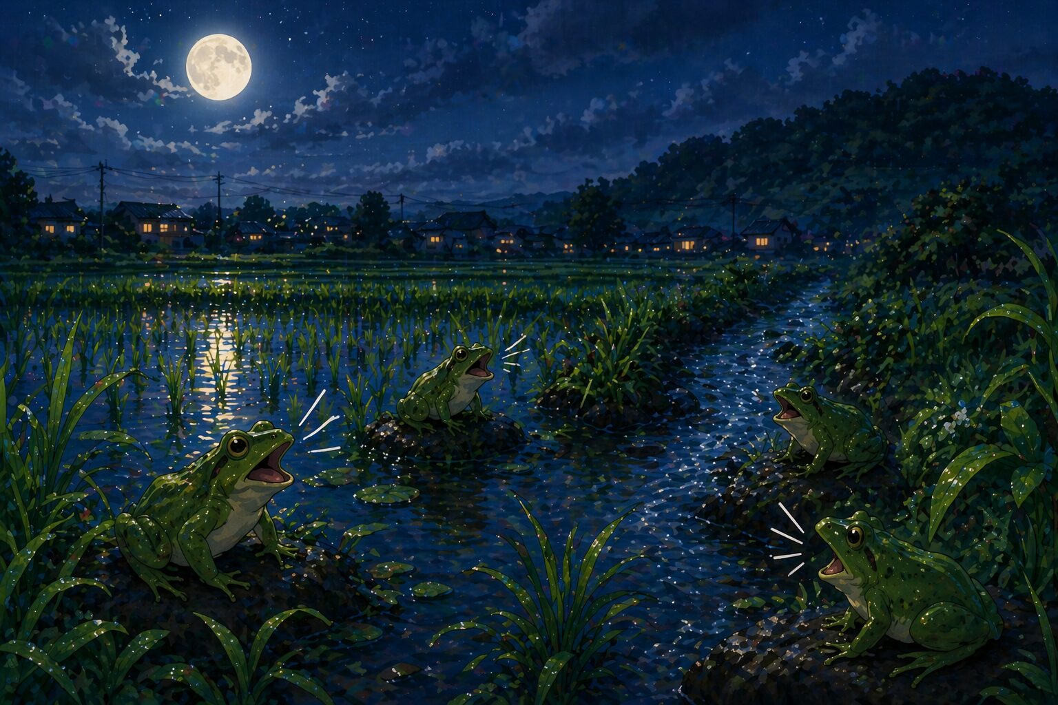 夜の田んぼや水辺でカエルが鳴く原因イメージ画像