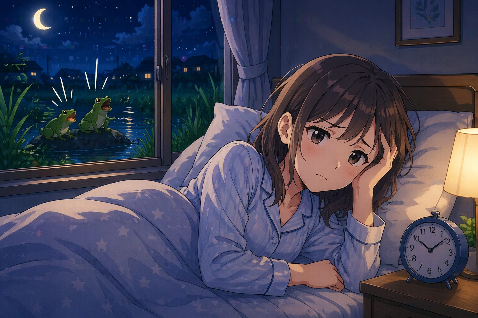 カエルの鳴き声がうるさくて眠れない夜のイメージ画像