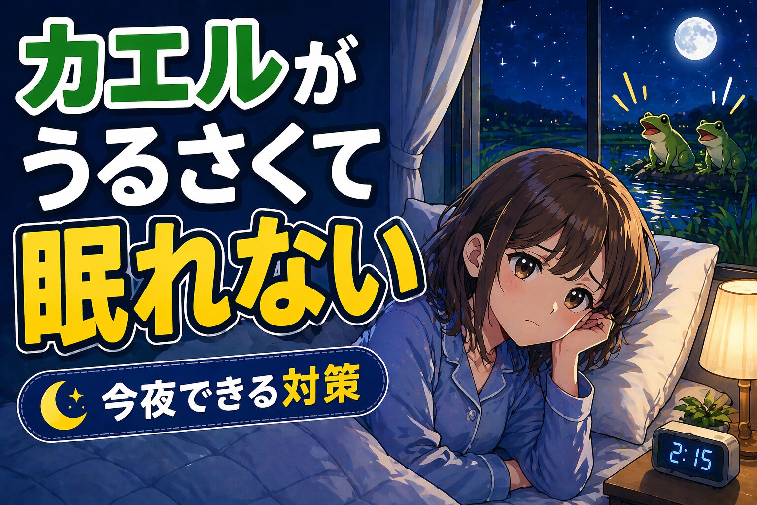 カエルがうるさくて眠れない夜の対策を解説するアイキャッチ画像