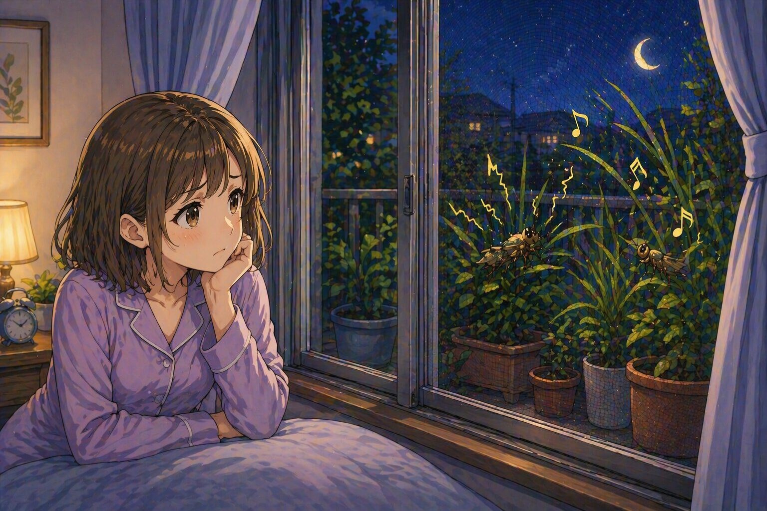 ベランダの虫の音が気になり眠れない女性のイラスト