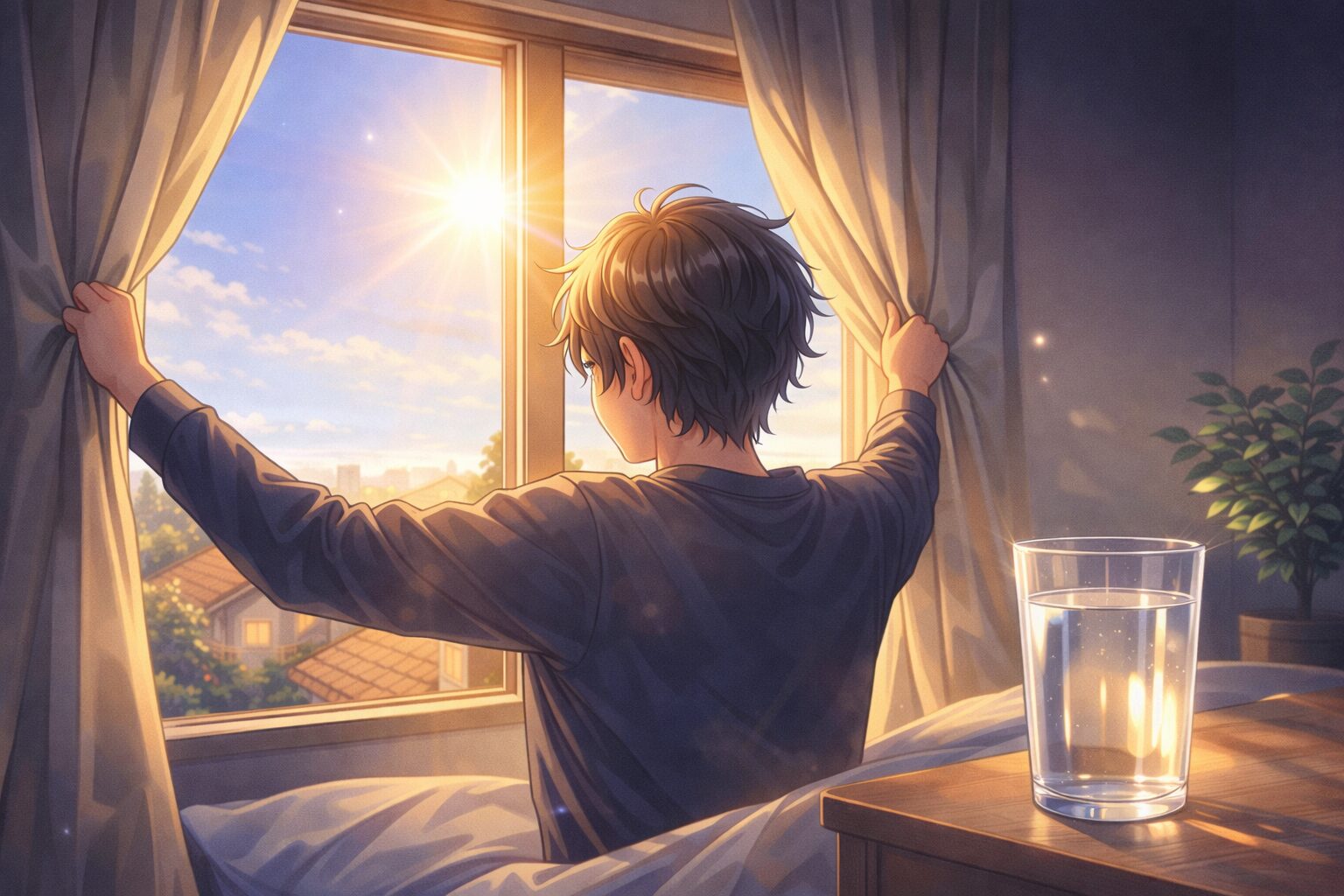 朝にカーテンを開けて日光を浴びる様子