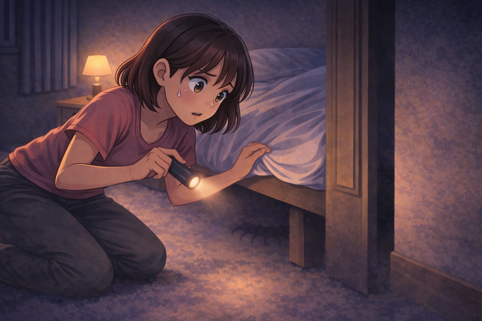 ムカデを見失ってどこにいるかわからずベッド下を探す女性の様子
