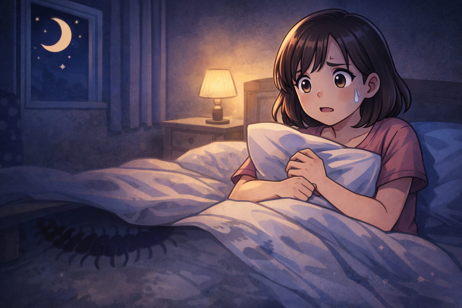 ムカデを見失って寝れない夜の不安な様子（寝室・ベッド・足元を気にする女性）