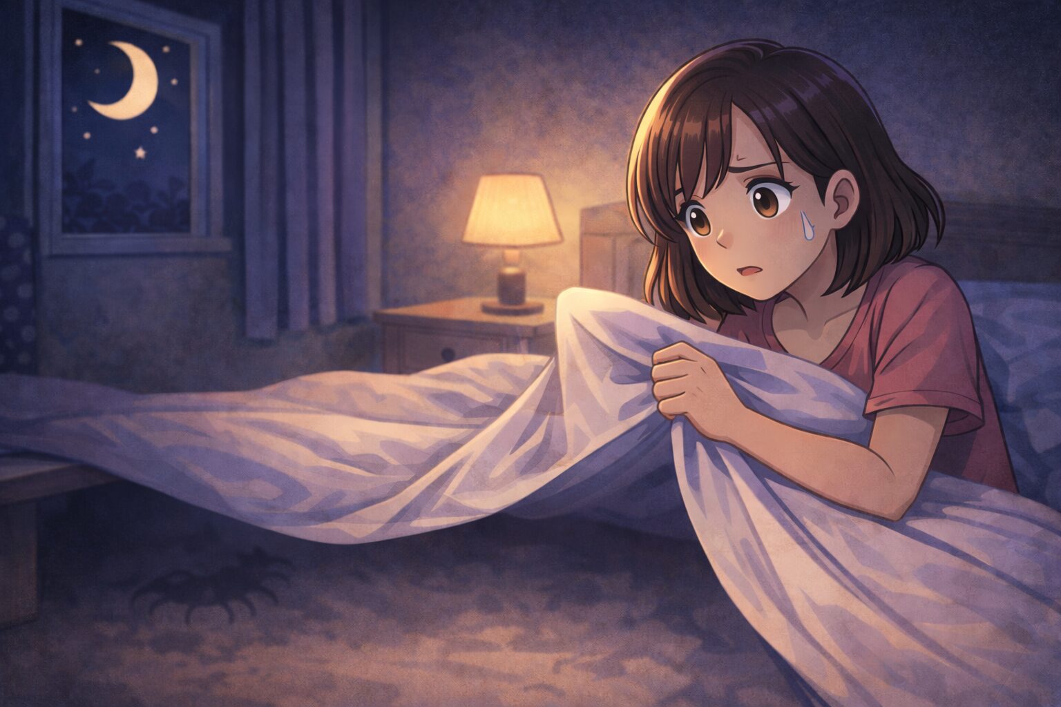 ムカデを見失って寝れない夜に布団の中で不安になる女性の様子（ベッド下を確認）