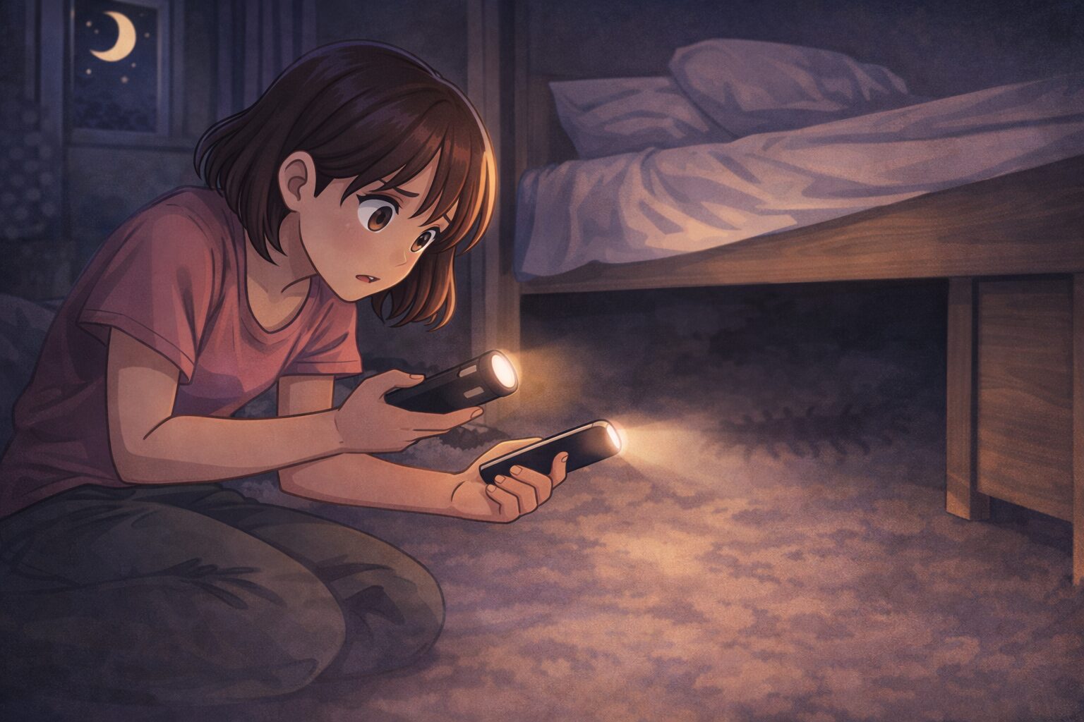 ムカデを見失って寝れない夜にライトで床やベッド下を確認している様子