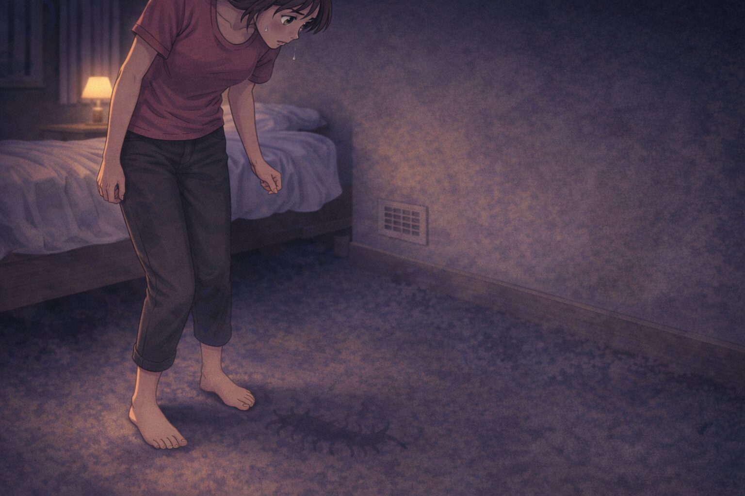 ムカデを見失ったあと裸足で歩こうとして不安になる女性の様子（やってはいけない行動）