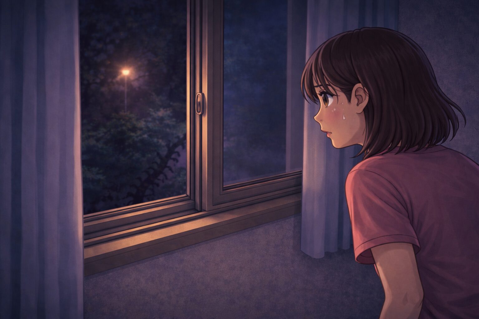 夜にムカデの侵入を不安に感じ窓のすき間を確認する女性の様子