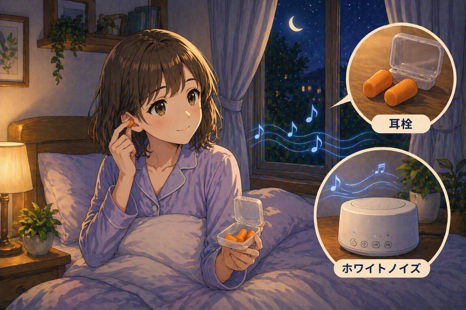 虫の音対策として耳栓とホワイトノイズを使う女性のイラスト