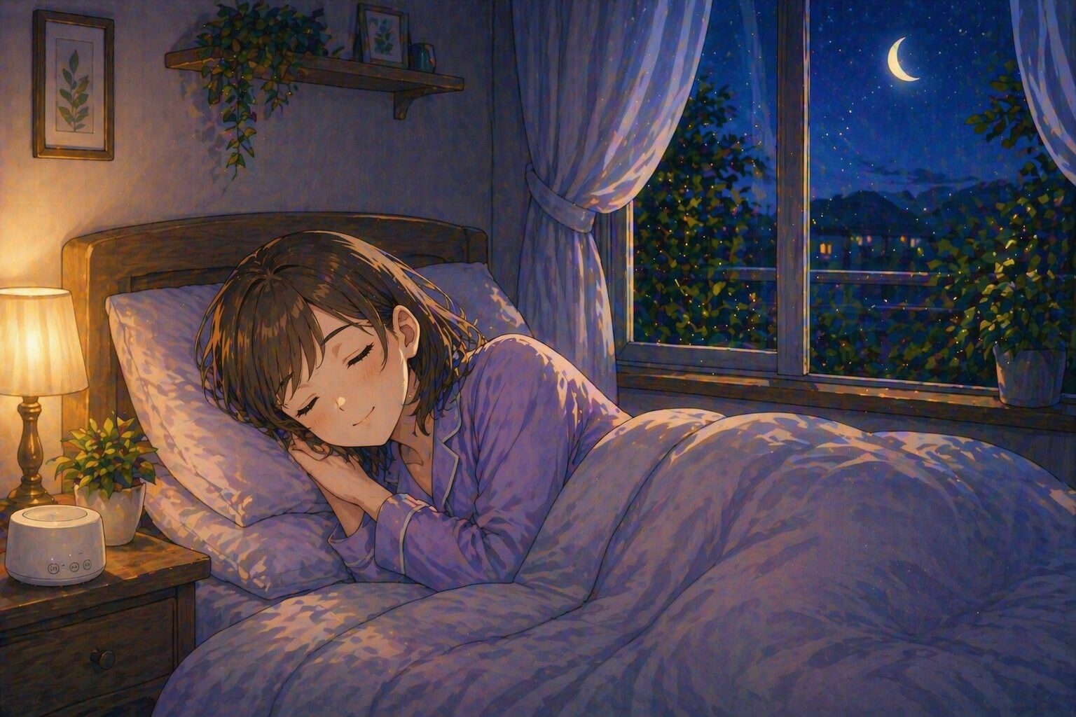 虫の音対策後に安心して眠る女性のイラスト