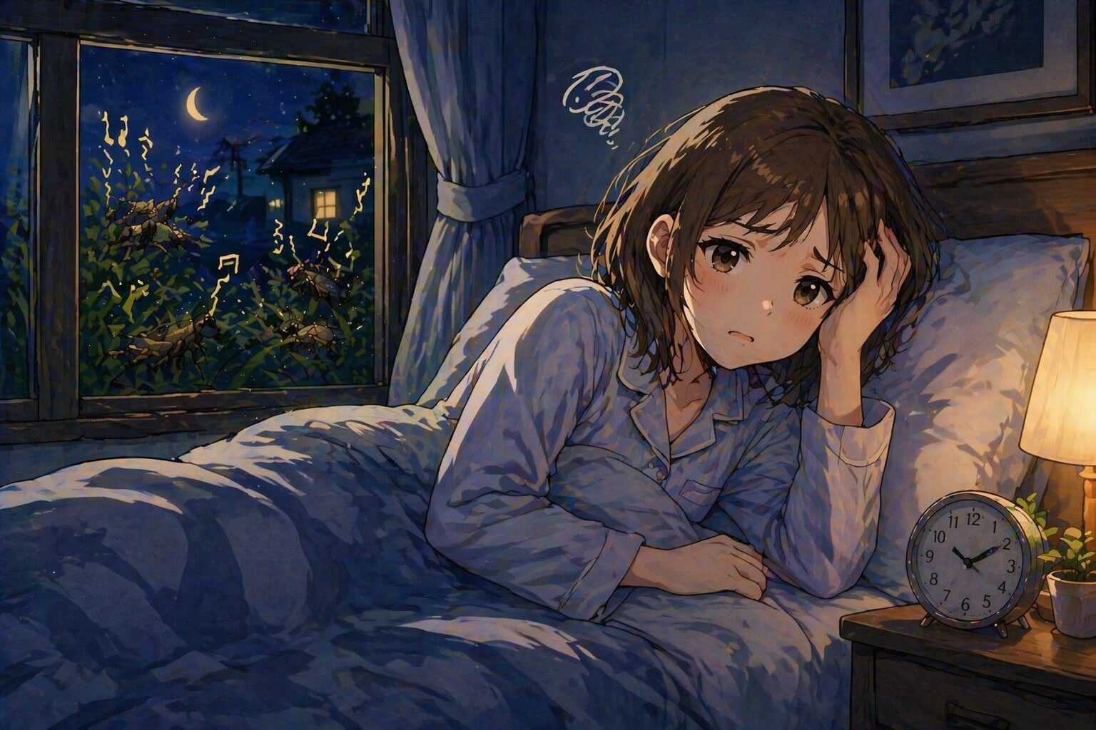 虫の音がうるさくて眠れない夜に悩む女性のイラスト