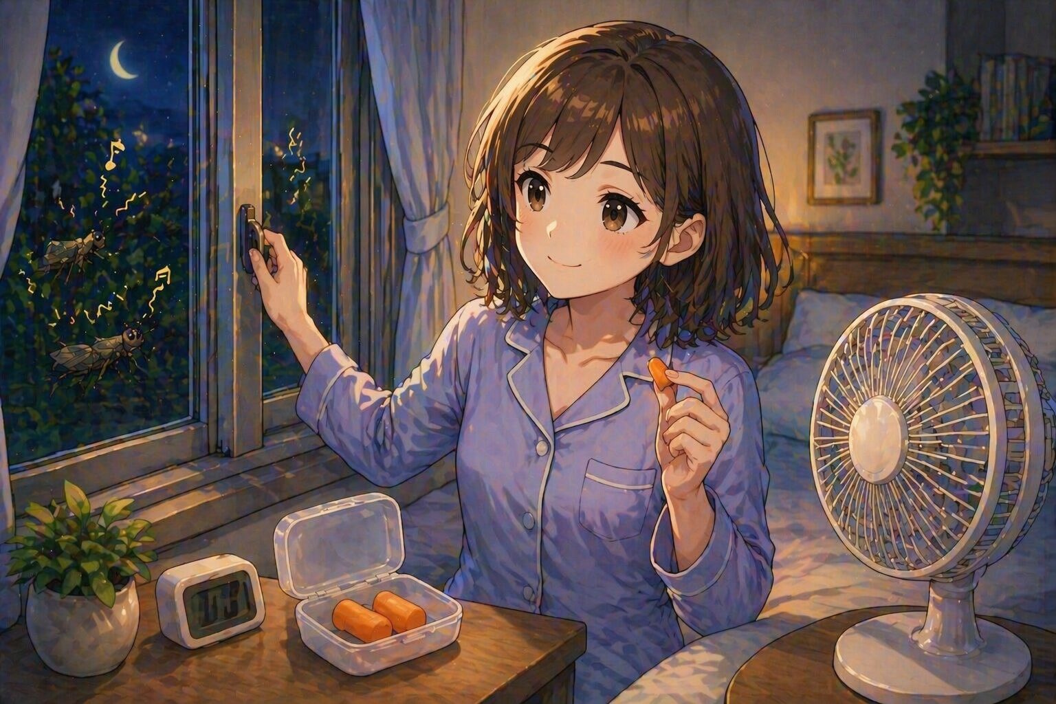 虫の音対策として窓を閉め耳栓を使う女性のイラスト