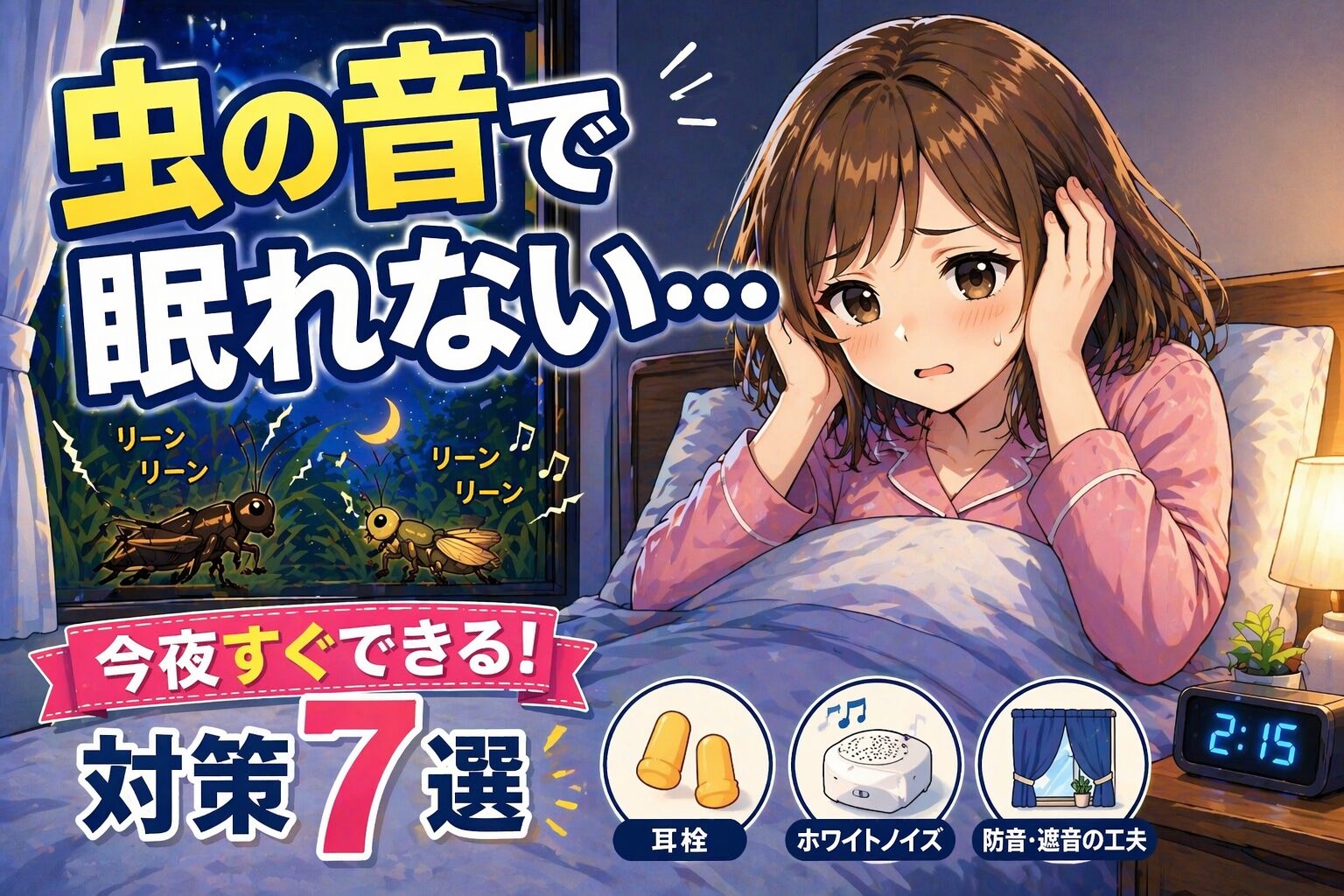 虫の音がうるさくて眠れない女性のイラスト 今夜すぐできる対処法7選