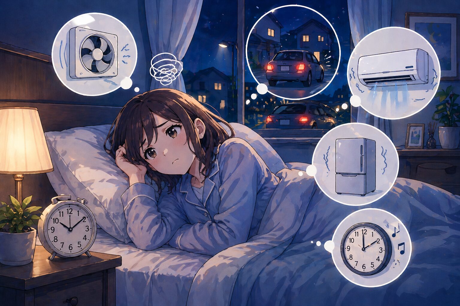 音がうるさくて眠れない原因を表すイラスト。換気扇や車音、エアコンなどの生活音で眠れない女性